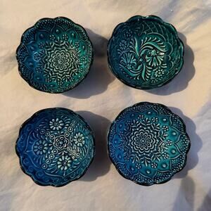 Set of 4 Handmade Teal Blue Embossed Ceramic Bowls Trinket Dish Boho Cottage